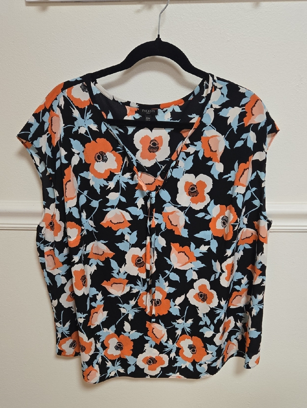 Talbots Black Floral Tie-Front Cap Sleeve Blouse